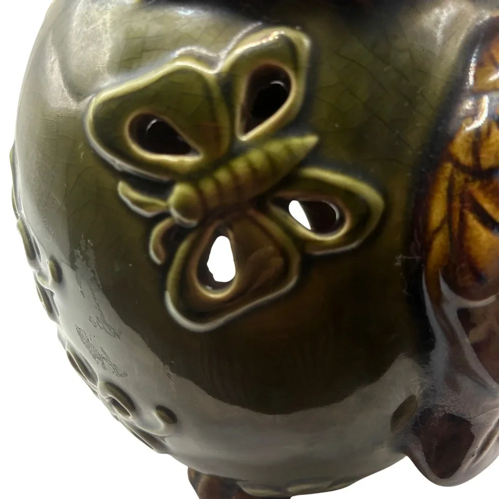 Vintage Owl Ceramic Candle Holder 9.5in Green Brown Butterfly Flower Luminary